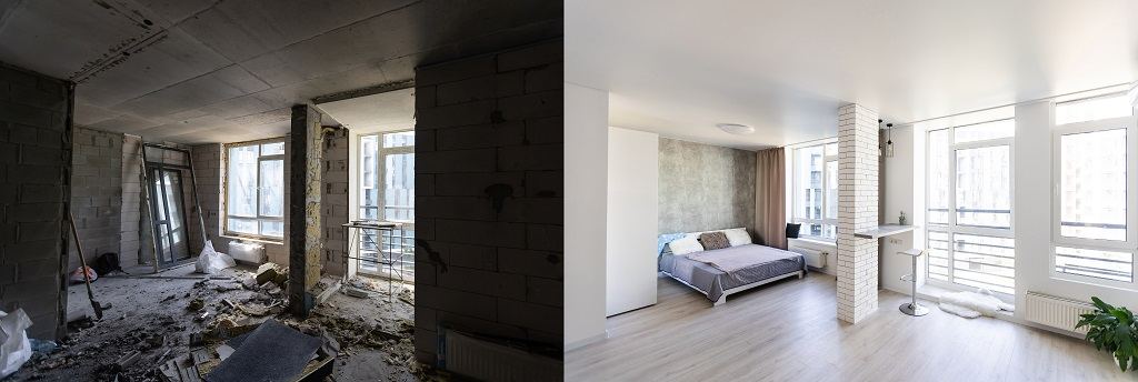 Rough concrete block wall beside the same room after plastering and finishing